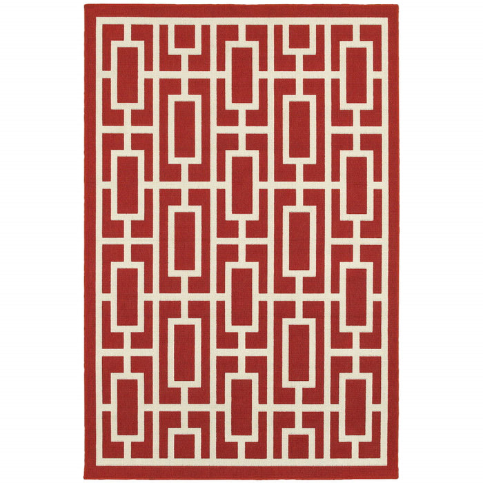 7' X 10' Geometric Stain Resistant Indoor & Outdoor Area Rug - Red / Ivory