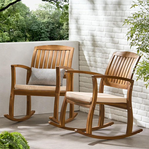 Acacia Wood Outdoor Patio Rocking Chair With Cushion (Set of 2) - Natural / Cream Noble House
