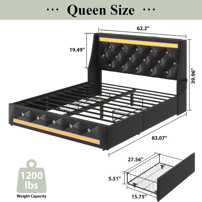 Wingback Upholstered Bed Frame With LED Lights, Charging Station Home Essentials