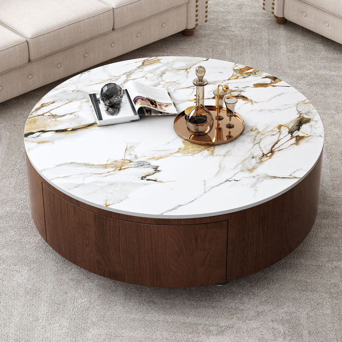 Round Coffee Table With 2 Drawers For Living Room - Walnut Brown / White / Multi Home Essentials