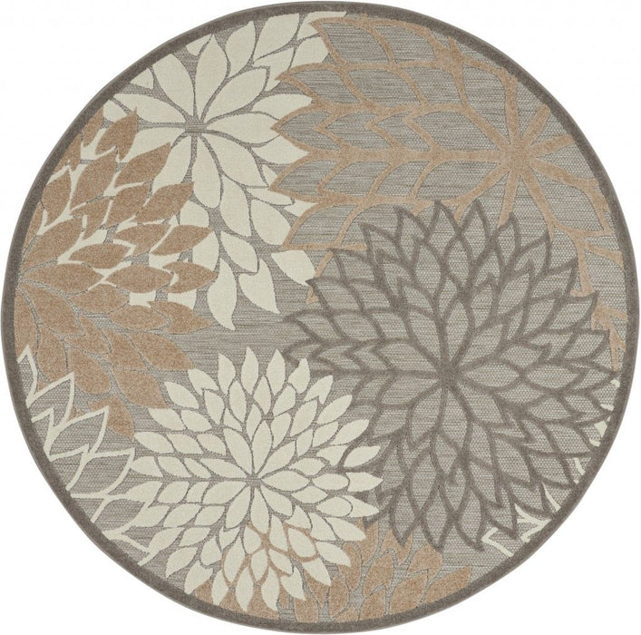 5' Round Round Floral Outdoor / Indoor Area Rug - Gray / Ivory