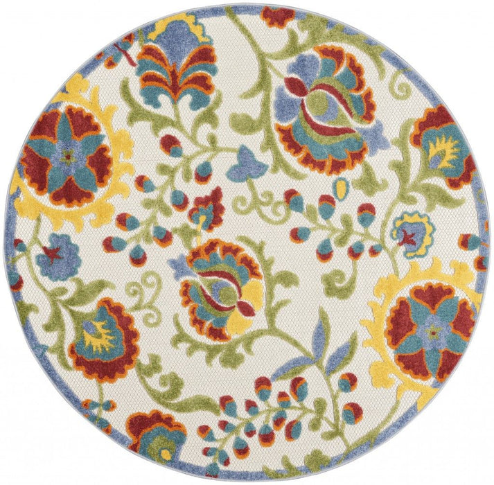 5' Round Round Floral Indoor & Outdoor Area Rug - Green / Ivory