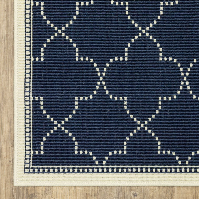 2' X 8' Geometric Stain Resistant Outdoor / Indoor Area Rug - Blue / Ivory