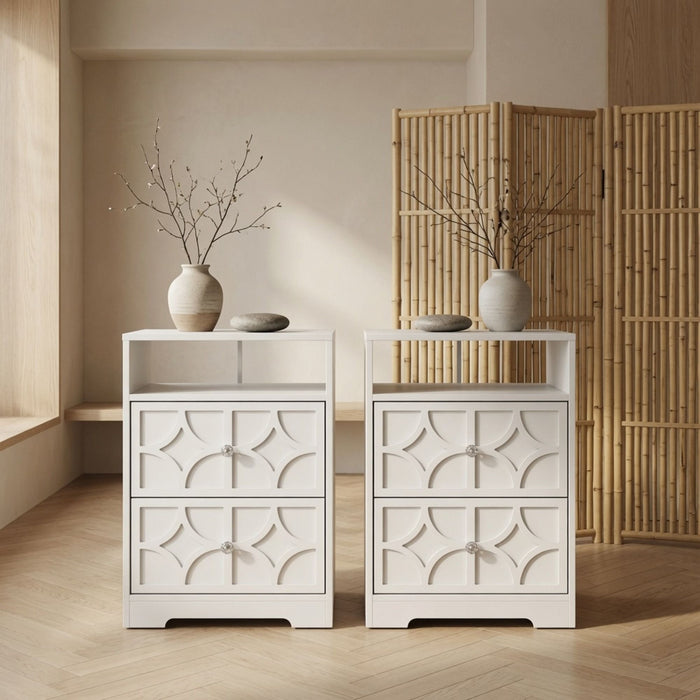 Nightstand With Diamond Carvings Handles, 2 Drawers & Charging Station Home Essentials