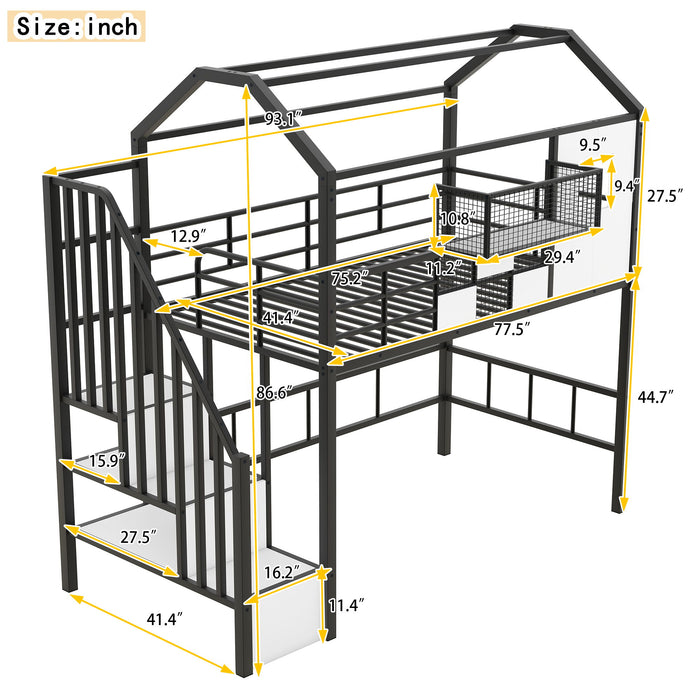 Metal Loft Bed With Roof Design And Storage Box With Guardrails And Integrated Ladder