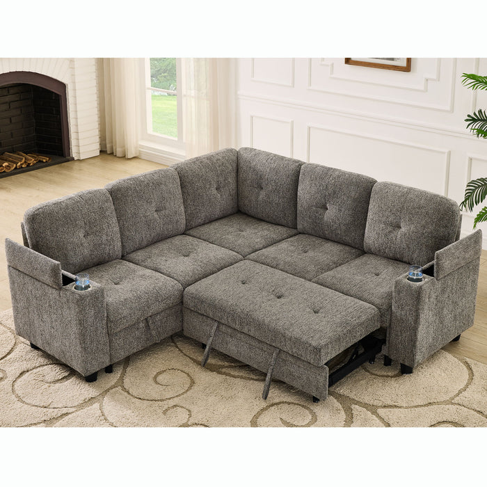 5 Seat Reversible L - Shaped Sleeper Sofa, Pull Out Convertible Sectional Couch With Storage, USB C - Charger, Cup Holders Modular Sofa Bed - Gray Home Essentials