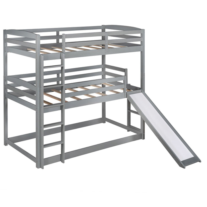 Triple Bunk Twin Sized Bed with Slide - Gray