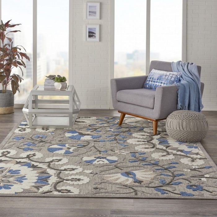 8' X 11' Floral Indoor / Outdoor Area Rug - Blue / Gray