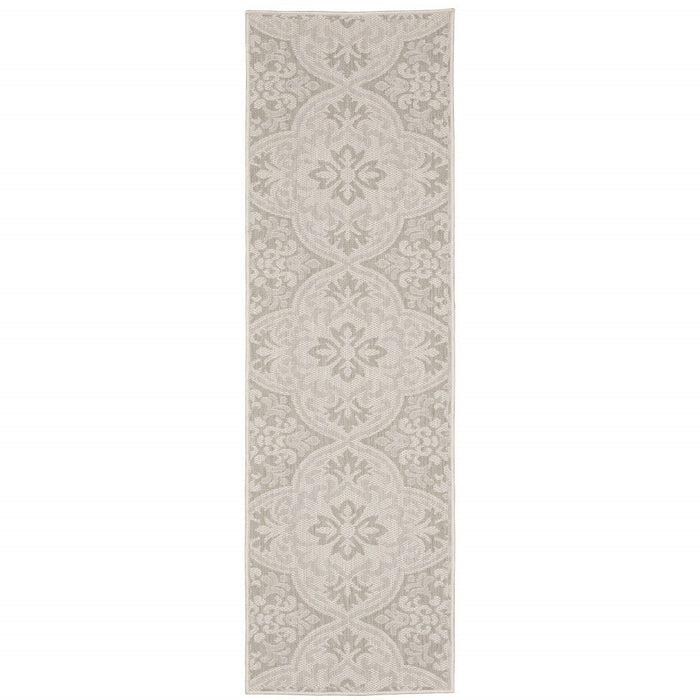 2' X 7' Floral Stain Resistant Outdoor / Indoor Area Rug - Gray / Ivory