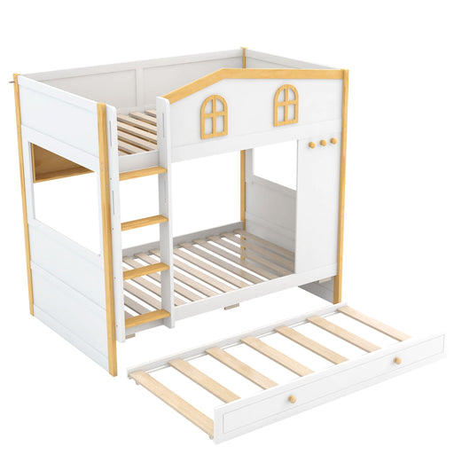 Bunk Bed With House Shaped Guardrails, Storage Shelves, And Trundle Dreamland