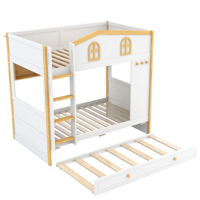 Bunk Bed With House Shaped Guardrails, Storage Shelves, And Trundle Dreamland
