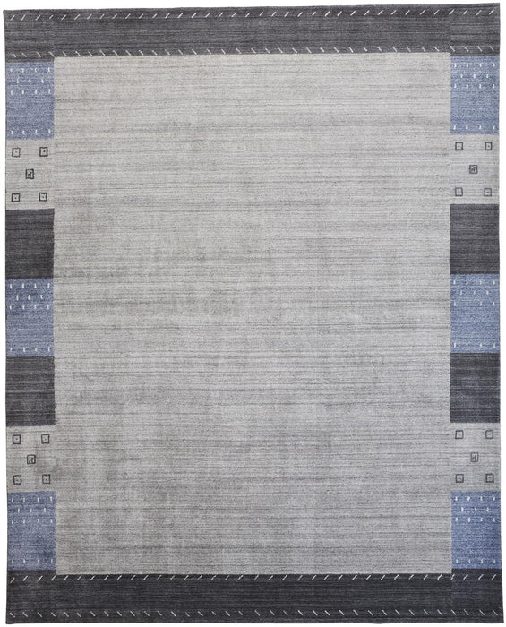 Wool Hand Knotted Stain Resistant Area Rug - Gray Blue And Black - 5' X 8'