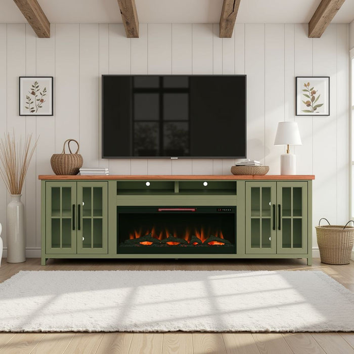97" Fireplace TV Stand Console For TVs Up To 100" - Sage Green And Fruitwood Finish Home Essentials