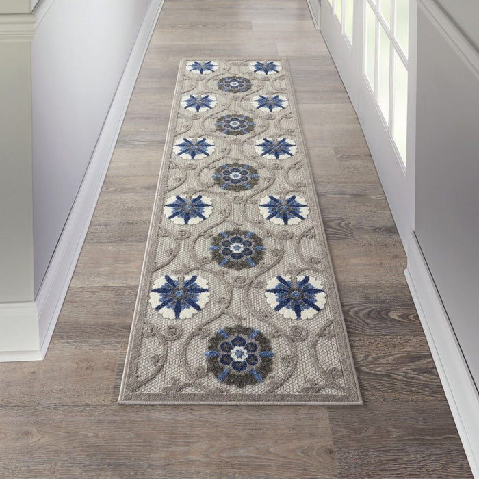 2' X 6' Floral Indoor / Outdoor Area Rug - Blue / Gray