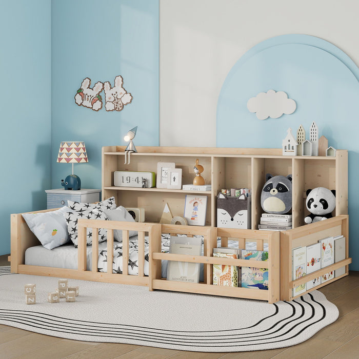 Platform Bed Frame With Guardrail, Storage Shelves & Bookshelf Home Essentials