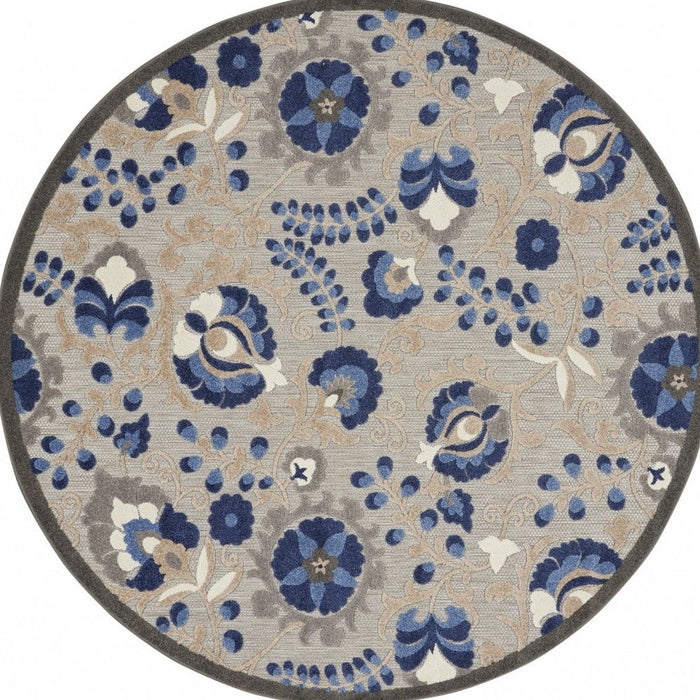 5' Round Round Floral Indoor & Outdoor Area Rug - Gray / Blue