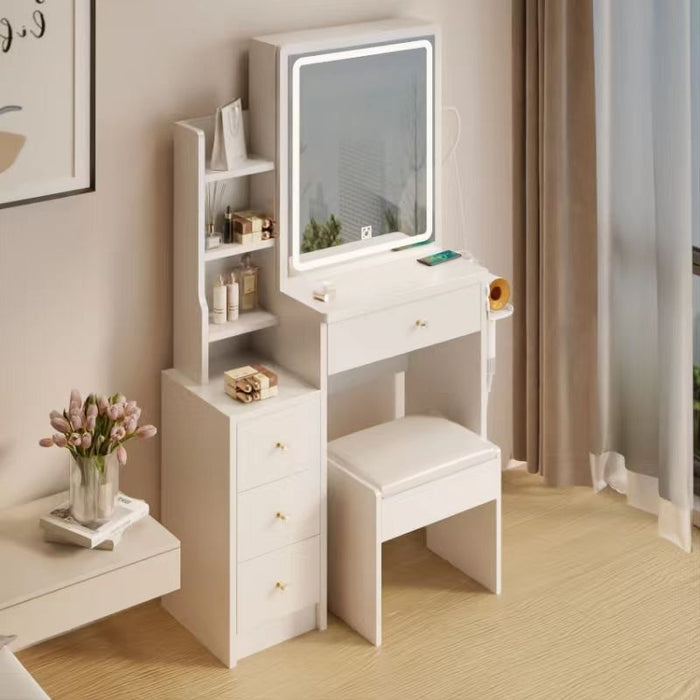 Small Space Left Bedside Cabinet Vanity Table / Cushioned Stool, 2 Ac / 2 USB Power Station, Hair Dryer Bracket, Extra Large Touch Control Sliding LED Mirror, Tri - Color Switching, Brightness Adjustable - White