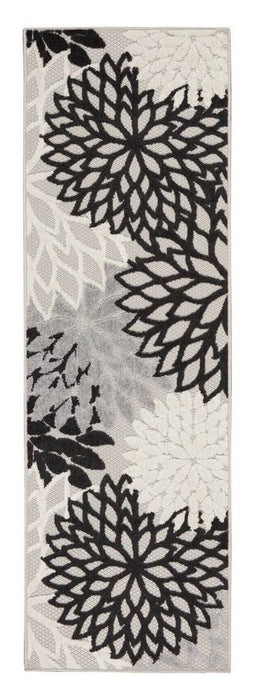 2' X 12' Floral Non Skid Indoor / Outdoor Runner Rug - Black / White