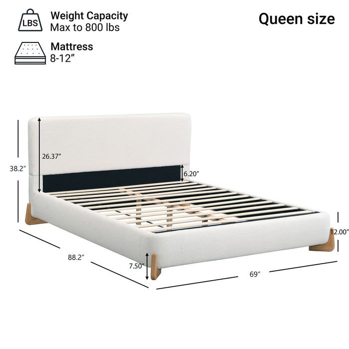 Queen Size Upholstered Bed With 12 Slats Support - White Noble House