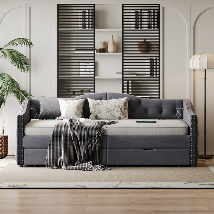 Full Size Bed Frame, Upholstered Cloud Bed Frame With Headboard, 2 Storage Drawers And 2 USB Charging Design, No Box Spring Needed - Gray Home Essentials