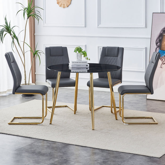 1 Table And 4 Chairs, A Modern Minimalist Circular Dining Table With A 40" Black Imitation Marble Glass Tabletop And Gold - Plated Metal Legs, And 4 Modern Gold - Plated Metal Leg Chairs