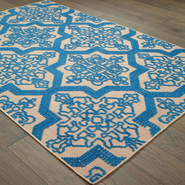 2' X 3' Oriental Stain Resistant Outdoor / Indoor Area Rug - Blue / Beige