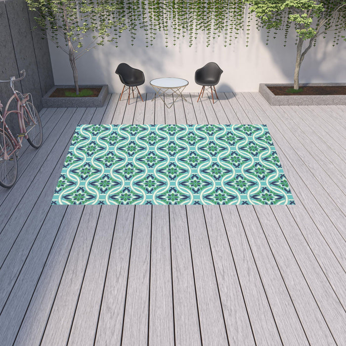 9' X 13' Geometric Stain Resistant Outdoor / Indoor Area Rug - Blue / Green