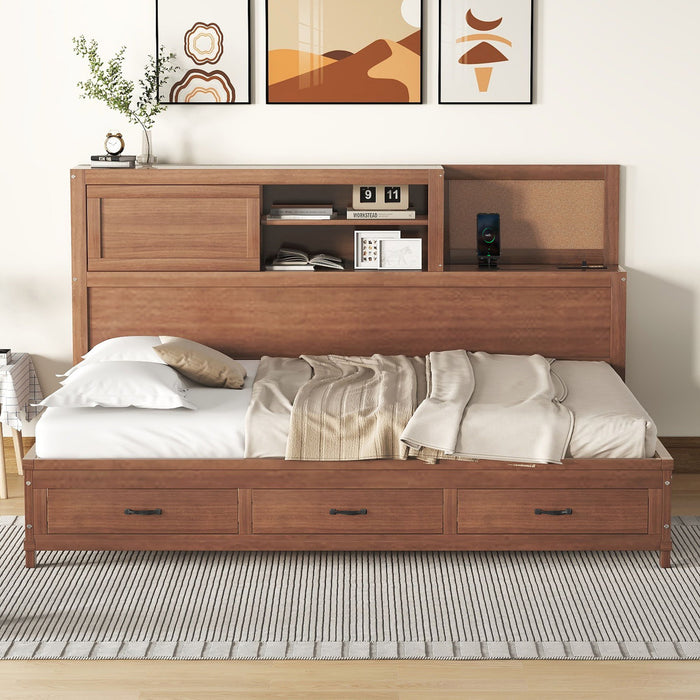Full Size Wooden Daybed With 3 Storage Drawers, Upper So Feet Board, Shelf, And A Set of Sockets And USB Ports, Brown