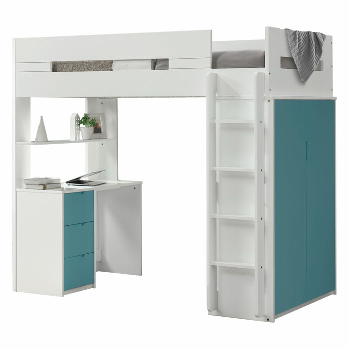 Twin Loft Bed And Desk - White / Teal