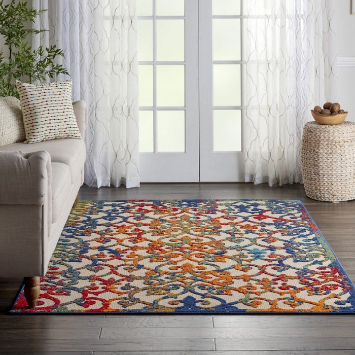 6' X 9' Floral Area Rug Indoor & Outdoor - Blue / Ivory