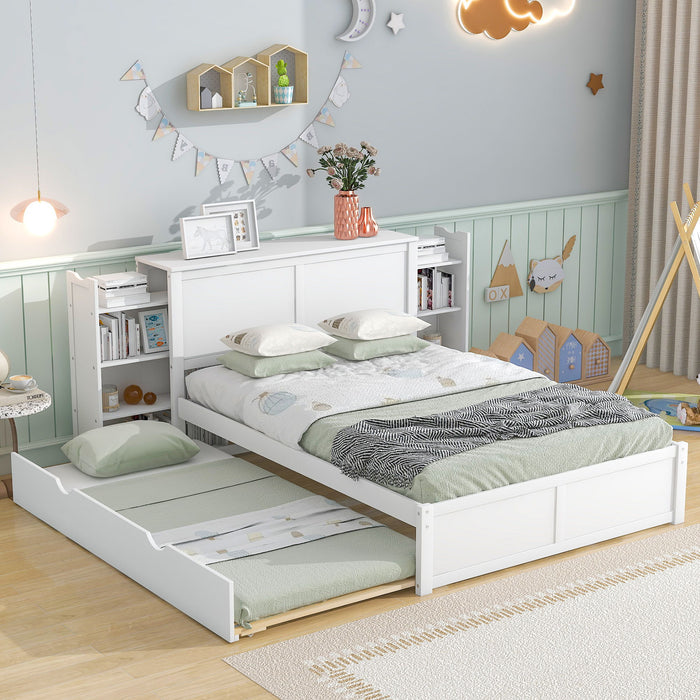 Storage Platform Bed With Pull Out Shelves And Trundle