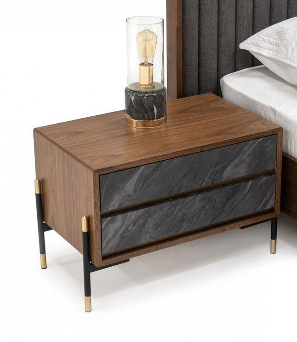Mid Century Faux Marble Two Drawer Nightstand - Walnut And Gray