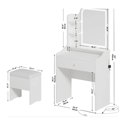 Smart LED Mirror Vanity Set With Storage For Bedrooms - Cream White Home Essentials