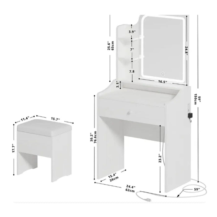 Smart LED Mirror Vanity Set With Storage For Bedrooms - Cream White Home Essentials