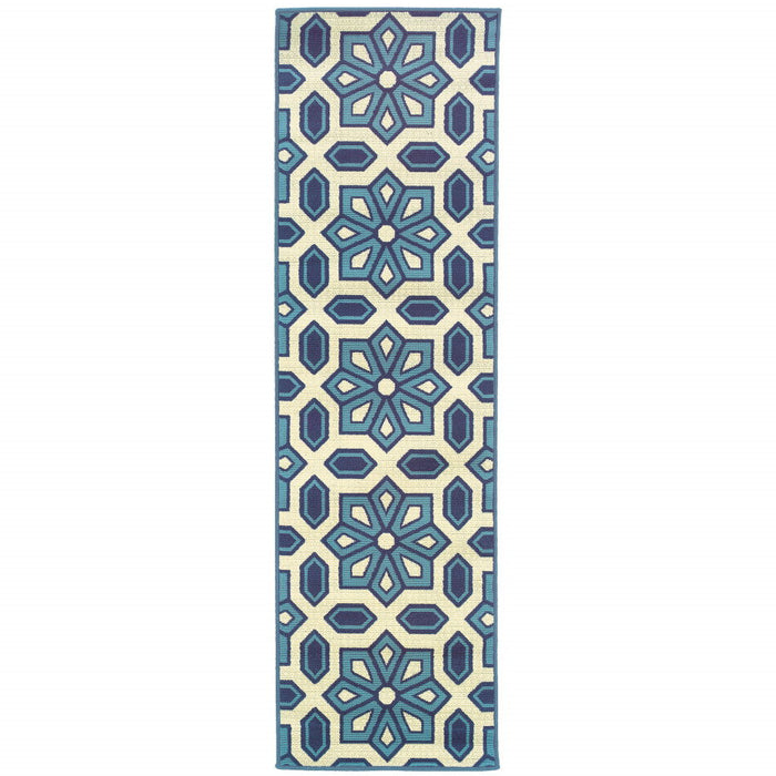 2' X 8' Geometric Stain Resistant Outdoor / Indoor Area Rug - Ivory / Blue