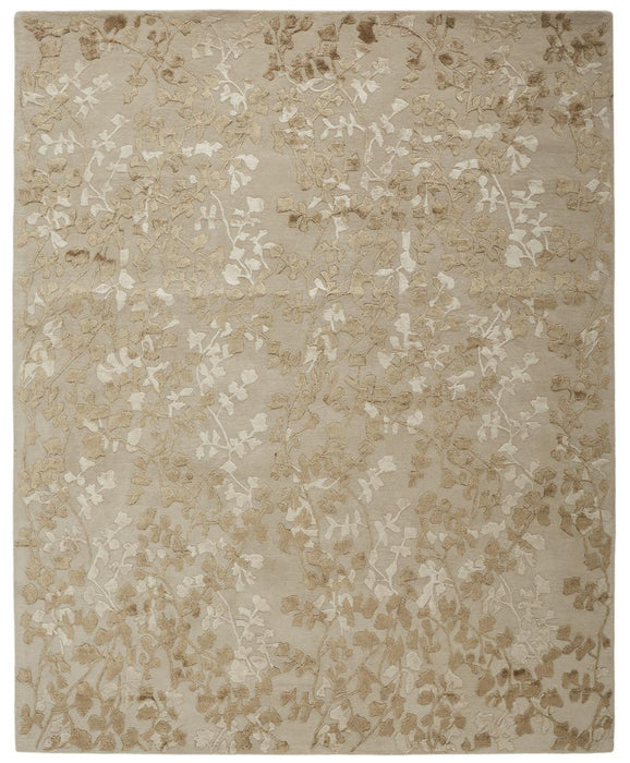Floral Tufted Handmade Area Rug - Ivory Tan And Gold Wool - 5' X 8'