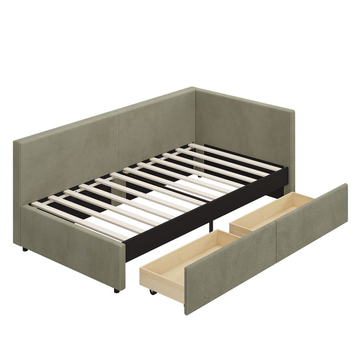L-Shape Corner Bed, Corduroy Upholstered Daybed With 2 Storage Drawers And Vertical Striped Design