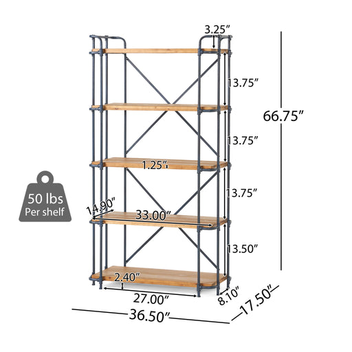 Yorktown - Industrial 5 Shelf Bookcase With Metal Pipework And Solid Fir - Natural Noble House