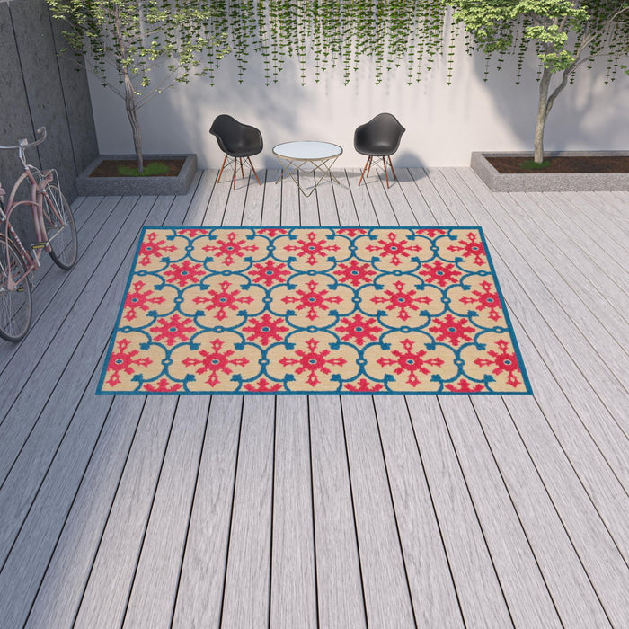 10' X 13' Oriental Stain Resistant Indoor / Outdoor Area Rug - Blue / Beige