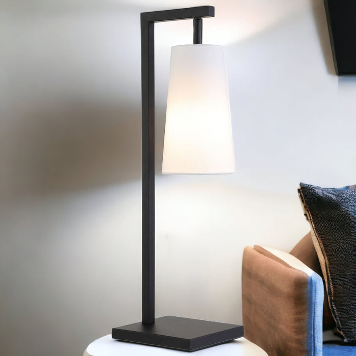Metal Desk Table Lamp With White Cone Shade - Black
