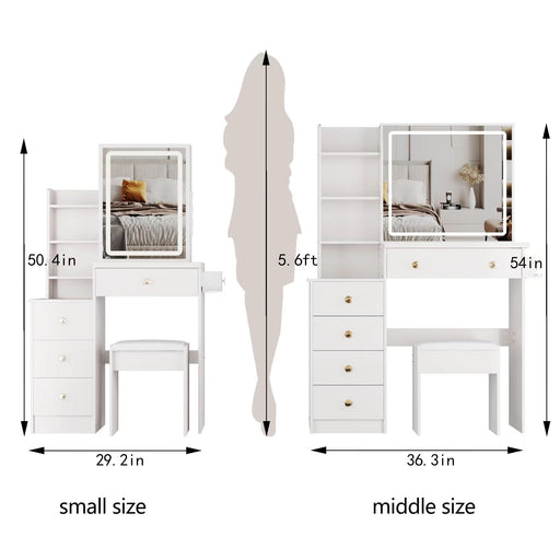 Cabinet Vanity Table & Cushioned Stool, USB Power Station, Hair Dryer Bracket - White Home Essentials