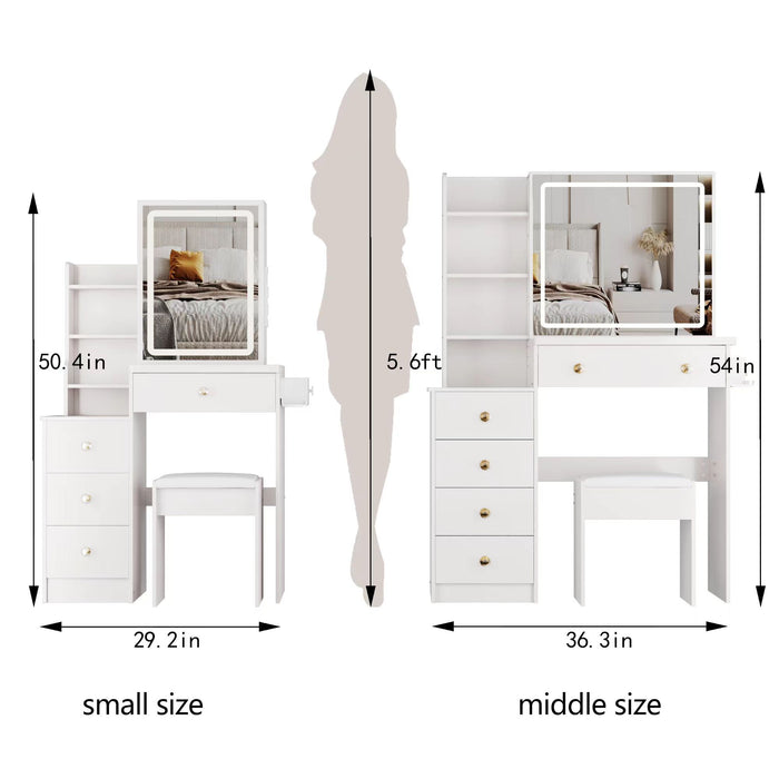 Cabinet Vanity Table & Cushioned Stool, USB Power Station, Hair Dryer Bracket - White Home Essentials