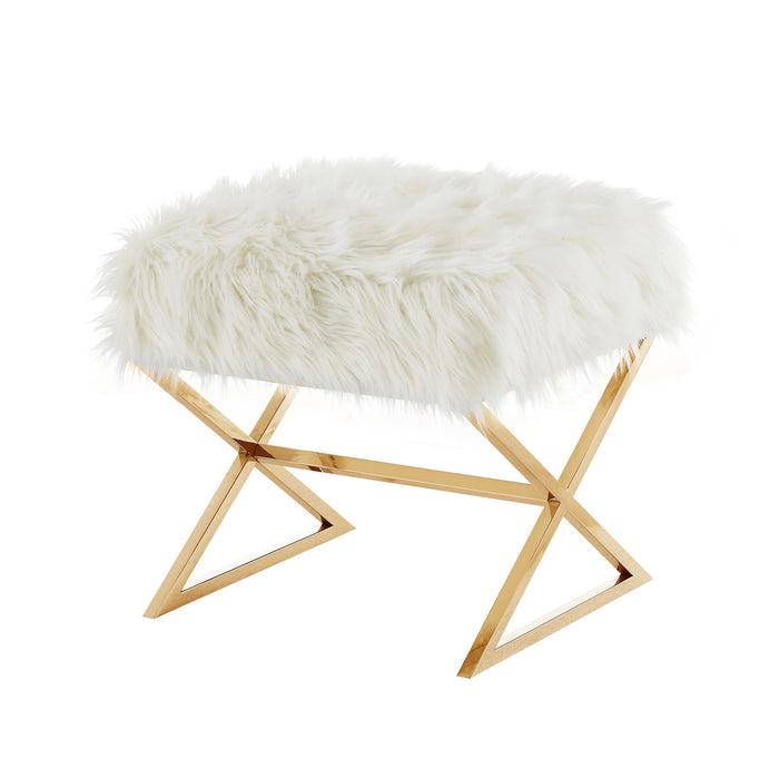 Faux Fur Ottoman - White / Brass