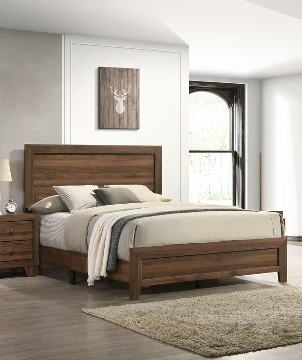 Brown Cherry Finish Fabric 1 Piece King Size Panel Bed Beautiful Wooden Bedroom Furniture Contemporary Style
