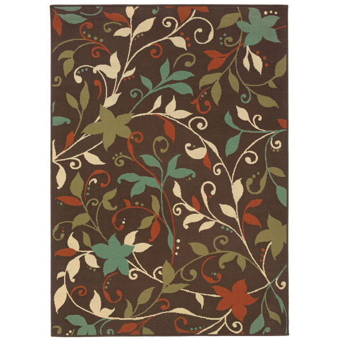 7' X 10' Floral Stain Resistant Outdoor / Indoor Area Rug - Brown