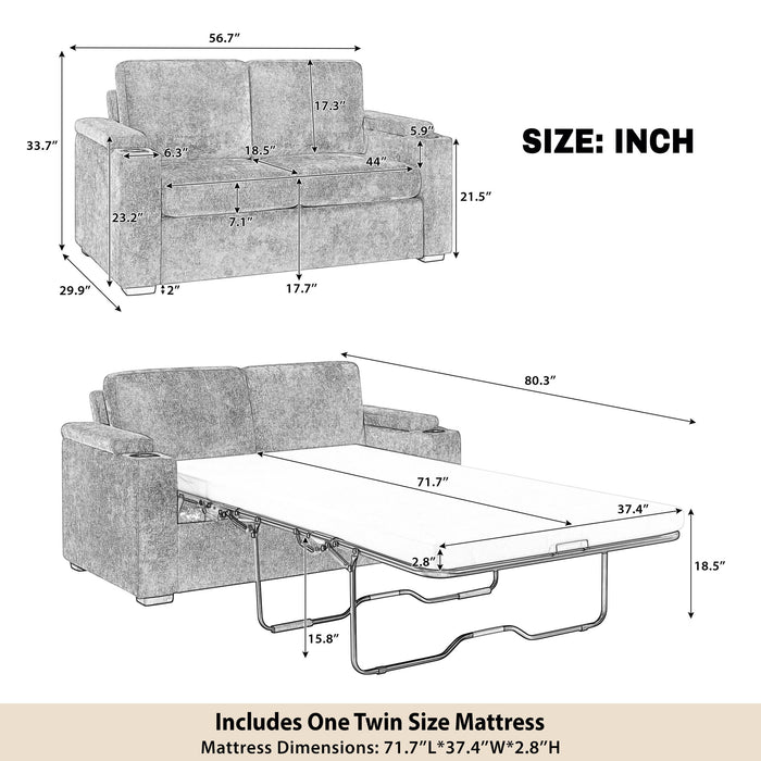 Pull Out Sofa Bed Loveseat With Twin Mattress, Cup Holders And Arm Storage Hearth and Haven