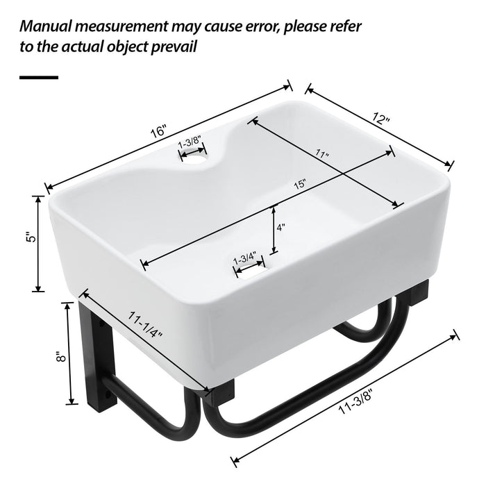 Rectangular Bathroom Sink With Towel Bar & Faucet Hole, Wall Mounted - White