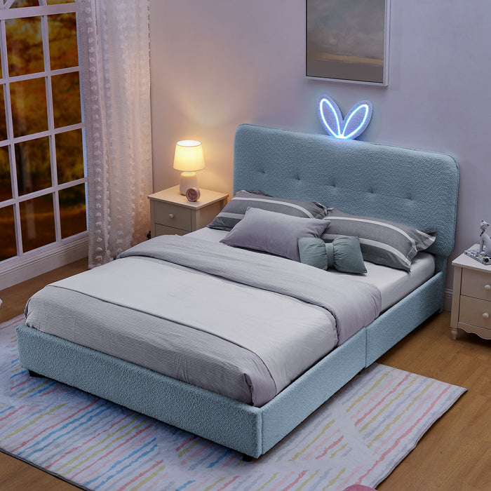 Upholstered Bed With Oversized Rabbit Ear Headboard, LED Lights & 4 Storage Drawers Home Essentials