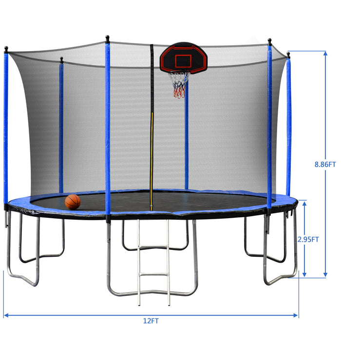Trampoline With Basketball Hoop Inflator And Ladder (Inner Safety Enclosure) - Blue
