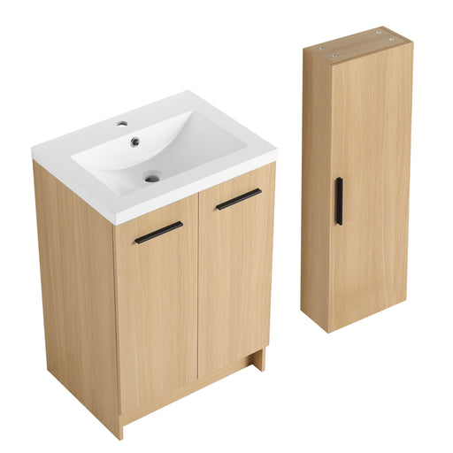 Freestanding Bathroom Vanity Set With Tall Linen Cabinet, Single Sink, Extra Storage, Soft Close Doors - Glossy White / Light Oak Home Essentials